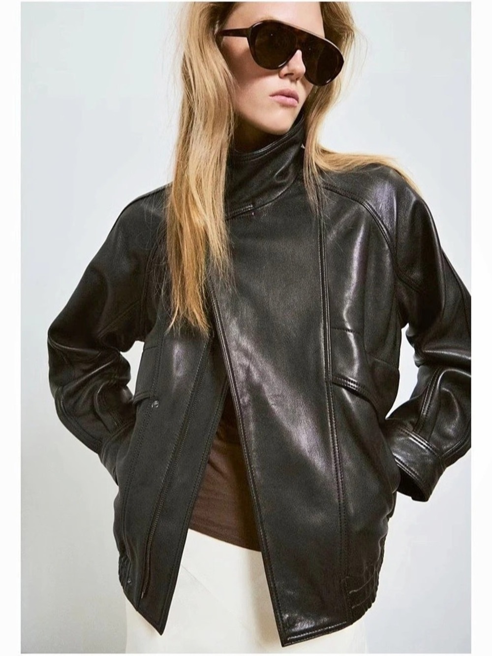 NWT Mango Funnel Neck Brown Leather Jacket size Medium